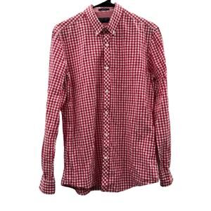 Sfera Men Pink & White Plaid Print Long Sleeve‎ Button Down Shirt Size M